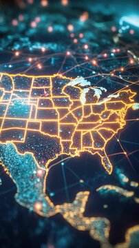 An artistic representation of the United States map overlaid with a network of lines and dots symbolizing internet connectivity and technology.