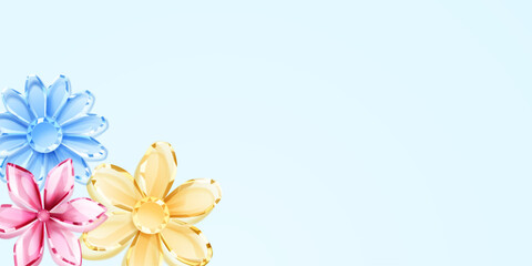 Obraz premium Crystal flowers on a pastel blue background with soft colors and light reflections.