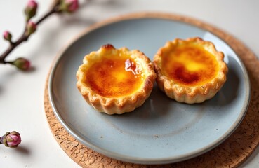 Two golden brown Portuguese custard tarts with caramelized tops sit on grey plate. Sprig with pink buds rests nearby, adding delicate spring touch. This sweet pastry is perfect for brunch or dessert.