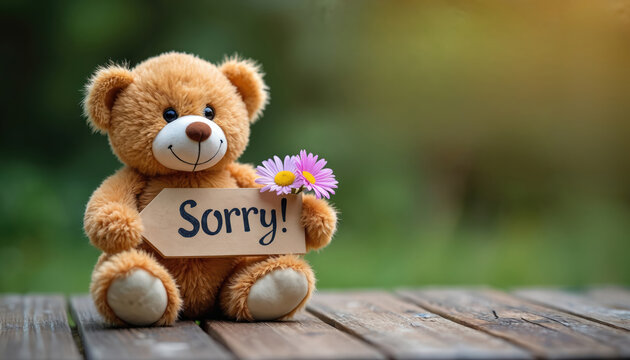 Cute teddy bear with flowers holds sorry sign on wooden table. Adorable plush toy apologizes offering sympathy and kindness. Soft toy conveys heartfelt message of forgiveness and support.