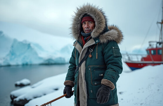 Native Alaskan man in warm fur trimmed coat and hat holds fishing spear on snowy arctic coast. Red boat floats nearby arctic icebergs and calm water.