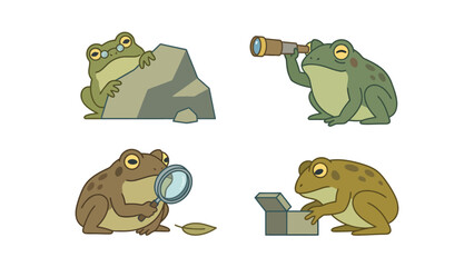 Naklejka premium Cartoon Frogs Set: Peeking, Spyglass, Magnifying Glass, and Treasure Box