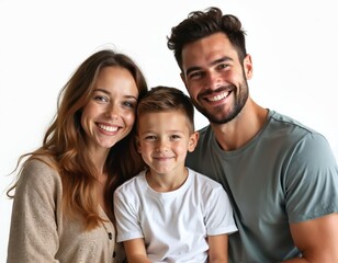Fototapeta premium Smiling mother father son stand together close on white background. Joyful family bonds, happy childhood, love and togetherness. Parents, child smile at camera.