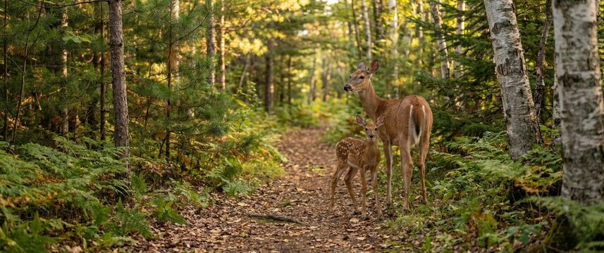 White-tailed Deer Doe and Spotted Fawn on Forest Trail.