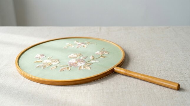 Traditional round hand fan with floral design on soft fabric background  