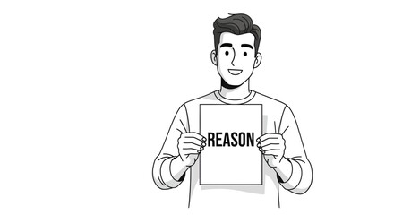 Drawn character holding a sign displaying the word 'REASON' promoting thoughtful argument
