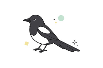 Obraz premium Cartoon magpie illustration with geometric elements on white background