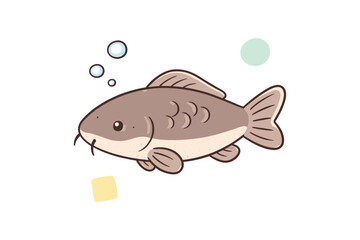 Cute cartoon catfish with bubbles and geometric shapes