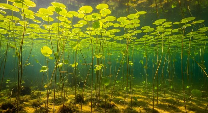 Underwater view showcasing lily pads and stalks, sunlight filtering, and a sandy bottom