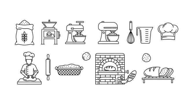 Vector line art illustrating various baking tools and ingredients for a bakery