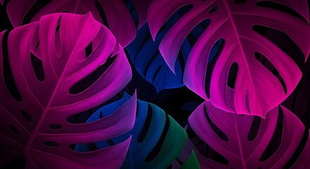 Obraz premium Vivid, digitally rendered image of stylized Monstera leaves in striking neon colors against black