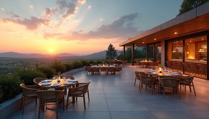 Obraz premium Modern winery terrace overlooks rolling hills at sunset. Tables set for dining with elegant chairs and ambient lighting. Bar area visible indoors creating sophisticated atmosphere for guests.