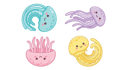 Cute Jellyfish Cartoon Set: Sea Life Vector Illustration