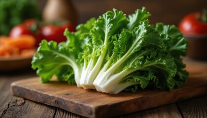 Fresh escarole greens rest on a rustic wooden cutting board with blurred tomatoes and carrots in background. Leafy vegetable ready for healthy meal preparation in a kitchen setting.