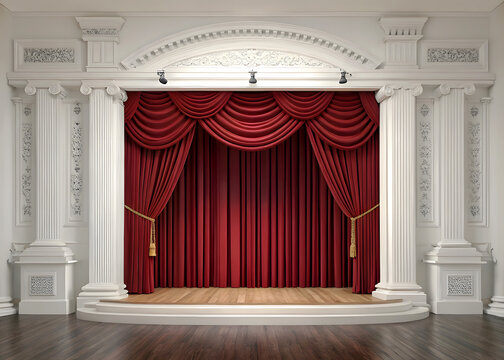 A grand theater stage with elegant red velvet curtains and classical white columns