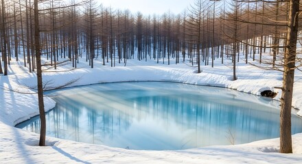 Obraz premium Winter landscape with snow-covered banks surrounding a serene, icy blue pond and bare trees