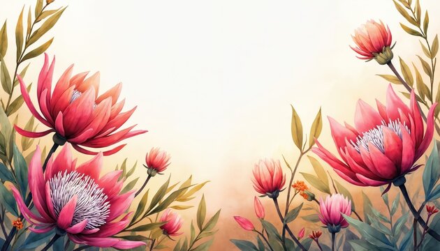Watercolor painting shows pink protea flowers and fynbos leaves in soft sunset hues. Botanical illustration creates natural floral frame with empty space for text overlay. Delicate bloom composition.