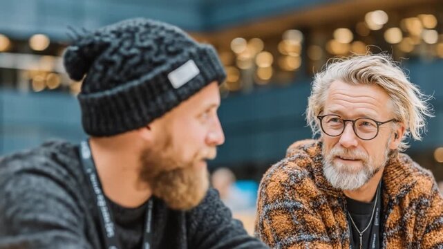 Two men with blond hair wearing glasses and a cap looking away in conversation