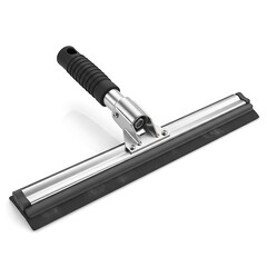 A squeegee with a black handle and silver metal frame is positioned diagonally on a plain white surface showcasing a cleaning tool