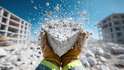 A gloved hand holds a crumbling concrete block with debris falling apart.