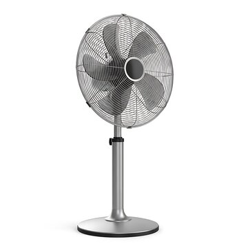A modern pedestal fan stands alone on a white floor viewed from the front