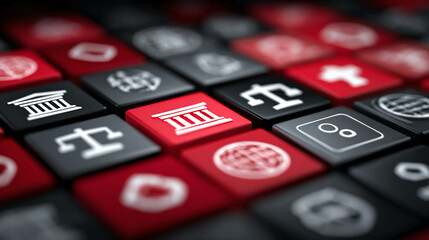 Regulation symbol tiles arranged uniformly to convey standardized rules, modular governance language, visual consistency, and structured regulatory communication