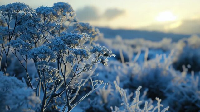 A breathtaking winter scene featuring a tree and bushes covered in snow and ice crystals against the backdrop of a cloudy sky.