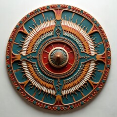 Obraz premium Intricate Native American medicine wheel art. Spiritual symbol displays tribal patterns, feathers, and sunburst designs. Features detailed craftsmanship in wood and paint for cultural display.