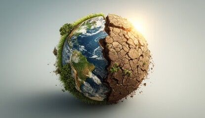 Split earth globe showing contrast between lush green and arid cracked land.