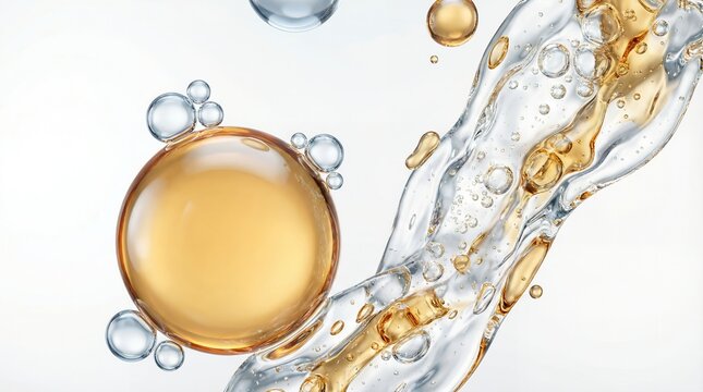 A large golden sphere is surrounded by small clear bubbles with a clear liquid splash containing golden droplets and air bubbles flowing to the right serum oil water transparent