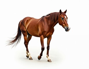 Fototapeta premium Brown horse with white markings on face and legs walks on white background. Equine animal, mammal, four legs, long tail, mane, athletic build, motion.