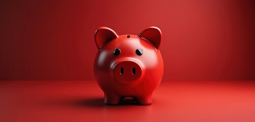 Fototapeta na wymiar Red piggy bank sits on red surface against plain red background. This simple icon represents saving money financial goals and personal finance planning for future investment.