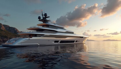 Obraz premium Modern luxury yacht sails on calm sea during twilight. Sleek vessel with multiple decks and elegant lighting cruises past rocky shores under soft clouds. Boat travels on tranquil ocean water.