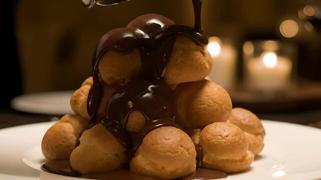 Profiteroles pyramid drizzled with rich, melted chocolate sauce in a warm, elegant setting. Perfect for dessert menus, gourmet advertising, culinary blogs,