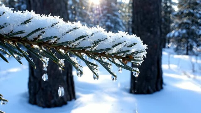 Snow-covered evergreen branch with glistening water droplets melting and dripping in a sunny winter forest. Captures serene nature, seasonal transitions, winter holiday atmosphere,