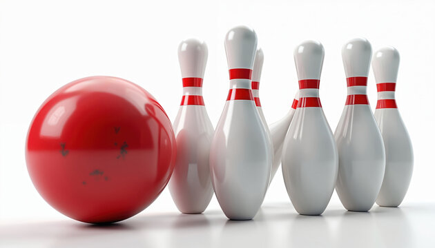 Red bowling ball stands ready to hit pins. White pins with red stripes wait for ball. Sport game equipment on clean white background. Fun activity setup for players.