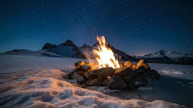 Campfire burns brightly in a stone fire pit amidst a vast snowy mountain landscape under a starry night sky, creating a serene and warm atmosphere perfect for winter adventures, cozy evenings,
