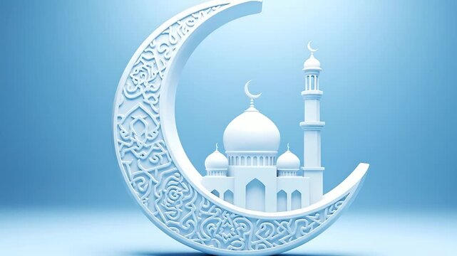 Rotating 3D crescent moon with intricate Islamic patterns, featuring a mosque inside, symbolizing faith and celebration. Ideal for Ramadan, Eid al-Fitr, Muslim holidays, religious greetings,