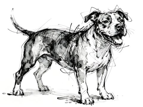 Minimalist abstract sketch series : happy American Pitbull Terrier dog, isolated studio portrait of a canine pet in pure white background 006