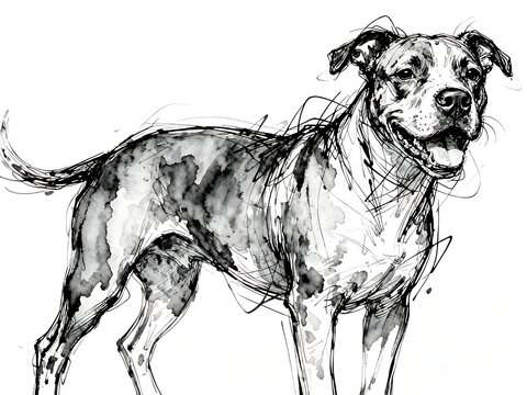 Minimalist abstract sketch series : happy American Pitbull Terrier dog, isolated studio portrait of a canine pet in pure white background 007