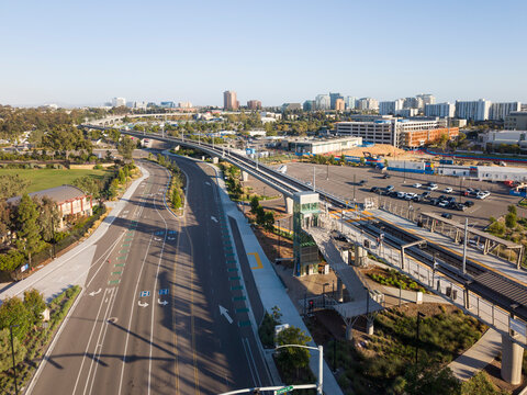 The new San Diego blue line trolley station platform in La Jolla