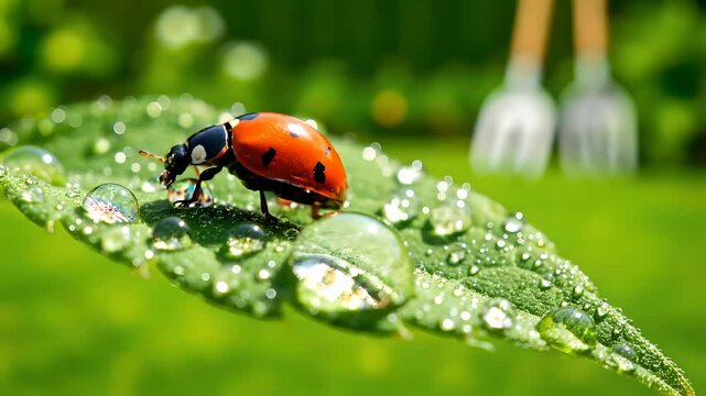 A vibrant red ladybug slowly crawls on a fresh green leaf adorned with sparkling water droplets, reflecting nature's beauty. Perfect for ecology, gardening, science, and environmental themes.