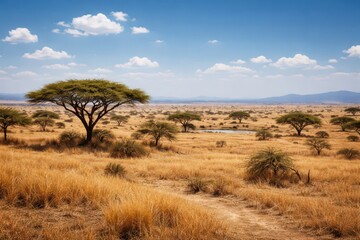 Fototapeta premium Lone acacia tree overlooking a golden savanna grassland with scattered shrubs, distant hills, and a small waterhole under blue sky