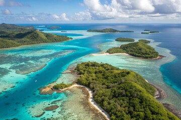 Obraz premium Aerial view of pristine tropical islands with turquoise lagoons and irregular coastlines, showcasing natural beauty and serene waterscape.