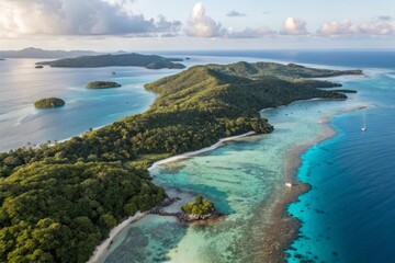 Aerial View of Lush Tropical Islands with Turquoise Waters and Coral Reefs