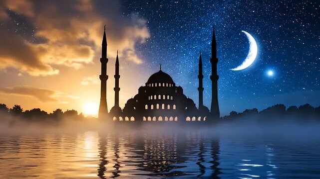 Mosque silhouette reflected in water under a dramatic split sky transitioning from sunrise to starry night with crescent moon, perfect for Ramadan, Eid, Islamic culture,