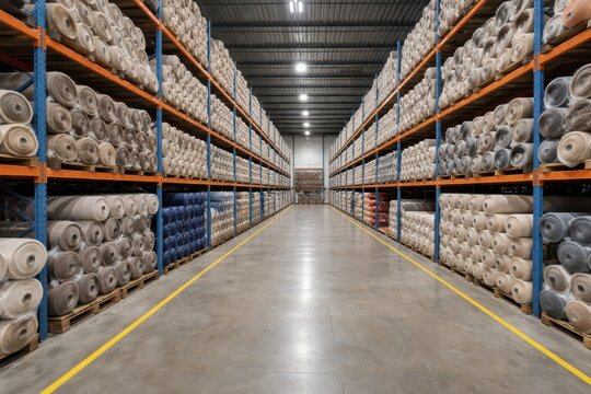 Industrial warehouse aisle with tall pallet racking filled with rolled textile fabric bolts, organized inventory storage in a distribution center