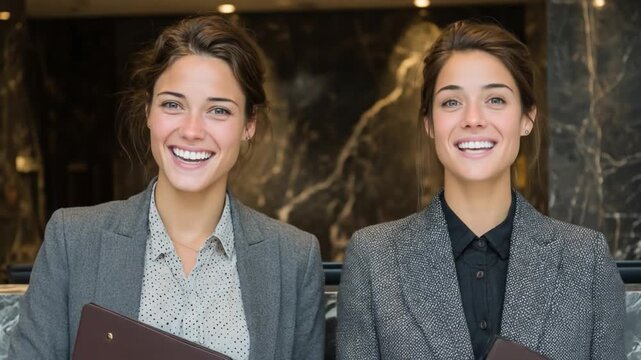 Two women in business attire holding folders smiling at the camera