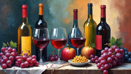 Obraz premium Several bottles and glasses filled with red wine. Bunches of ripe grapes and red apples are on the table. A rustic still life artwork with bold colors and textures.