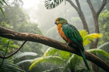 Obraz premium Exotic Green and Amber Parrot Perched on a Branch in a Lush Tropical Forest